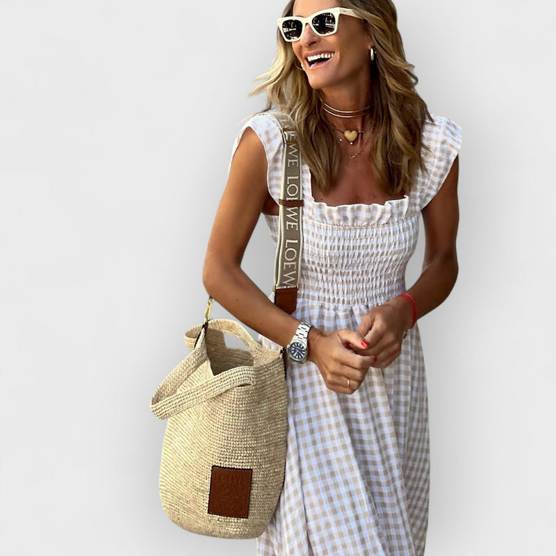 Suri - Maxikleid mit gerafften Karo-Rüschensäumen