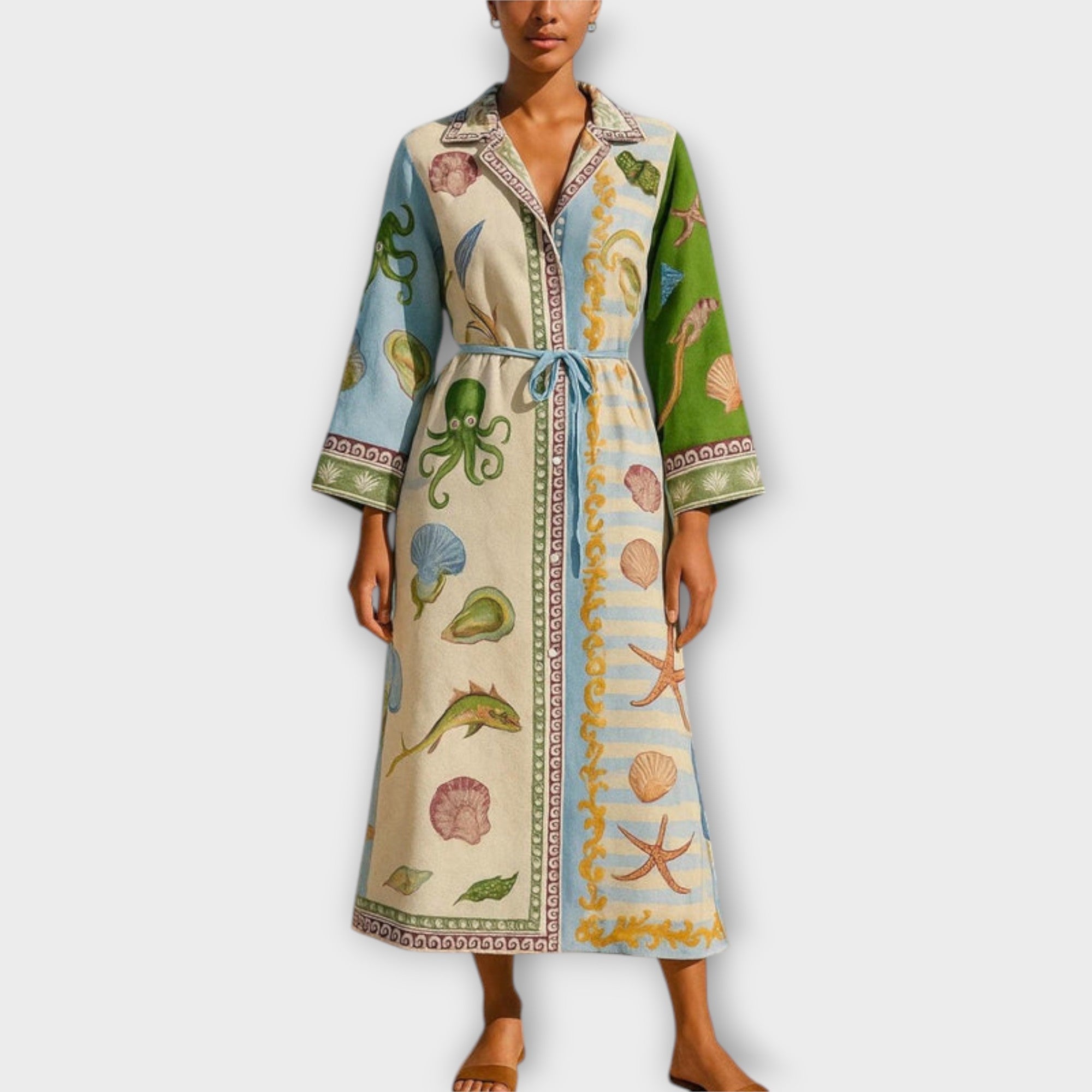 Jule - Bedrucktes Twill Midi Hemdkleid mit GĂĽrtel