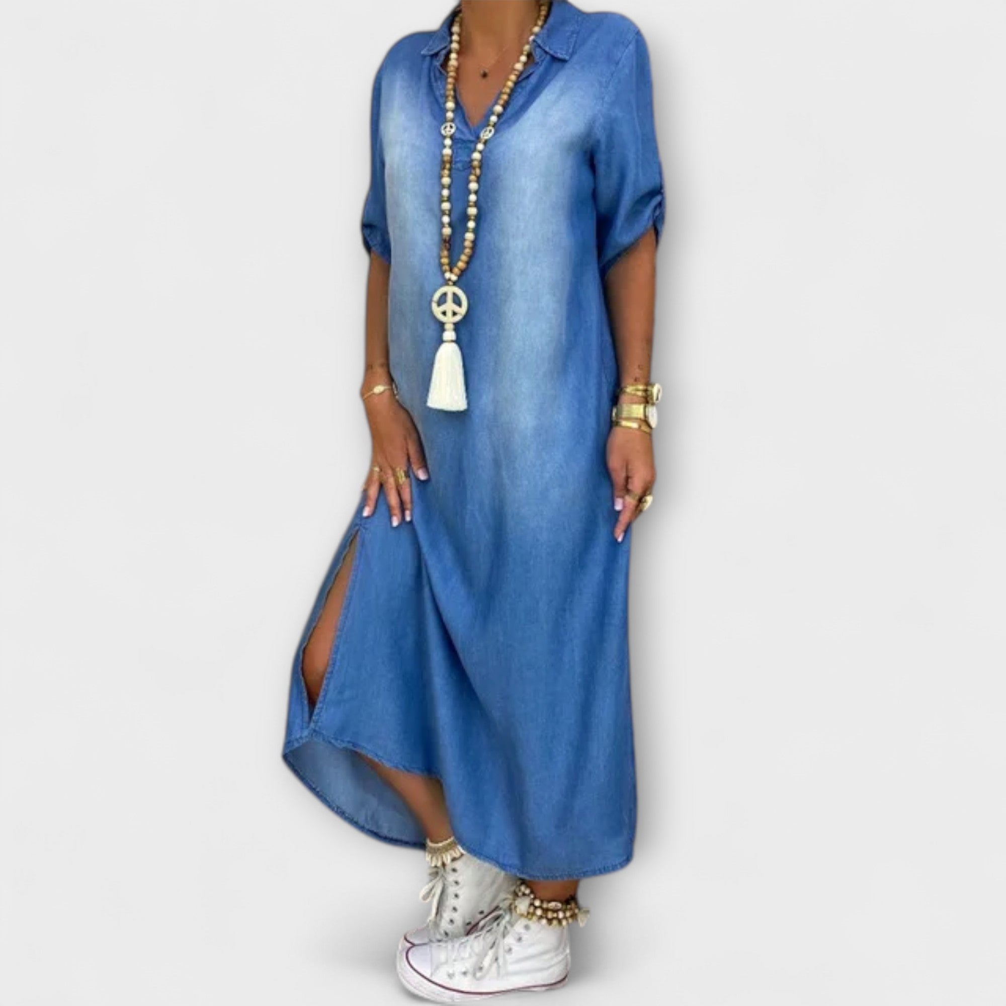 Aurora - Langes Denim-Look Kleid mit Seitenschlitz