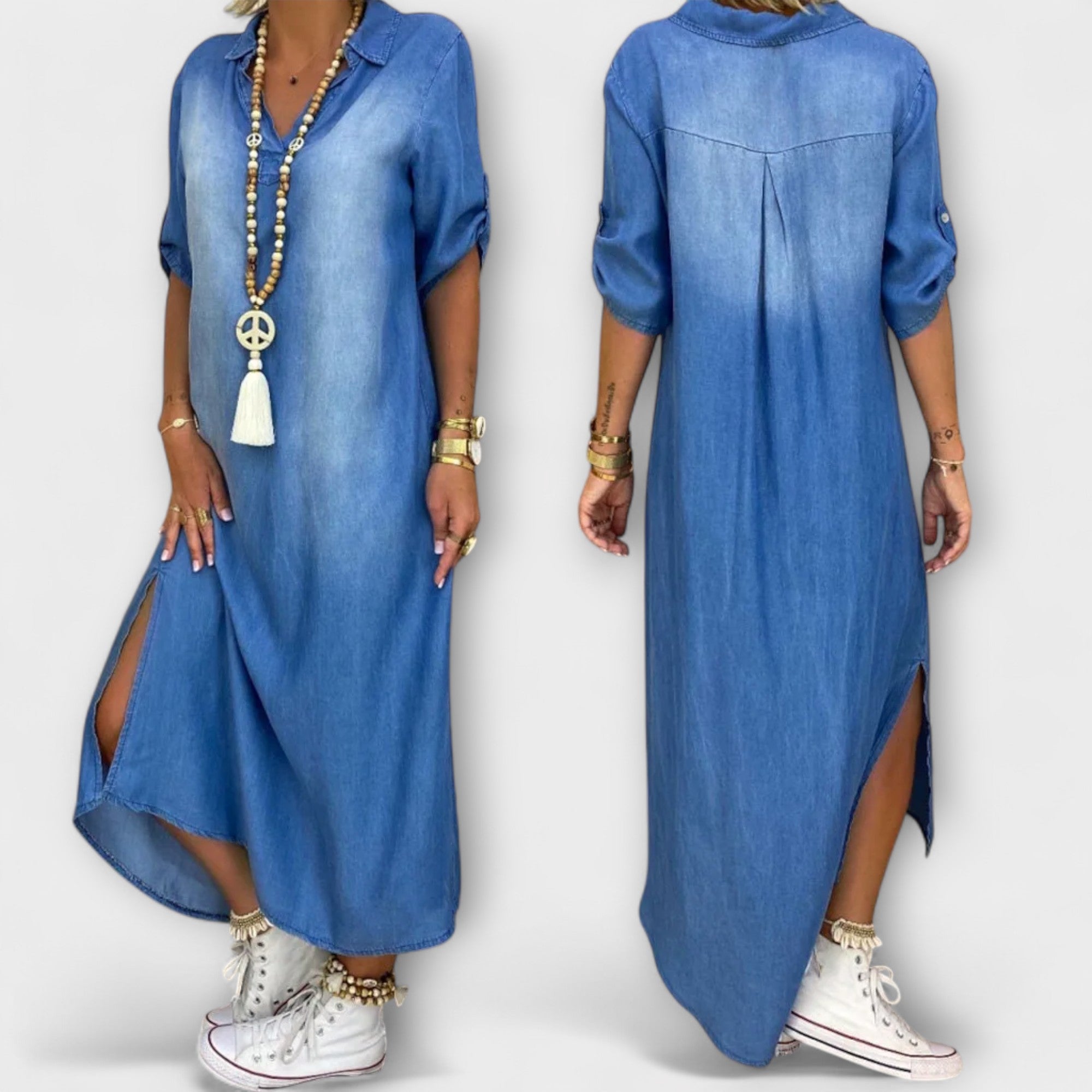 Aurora - Langes Denim-Look Kleid mit Seitenschlitz