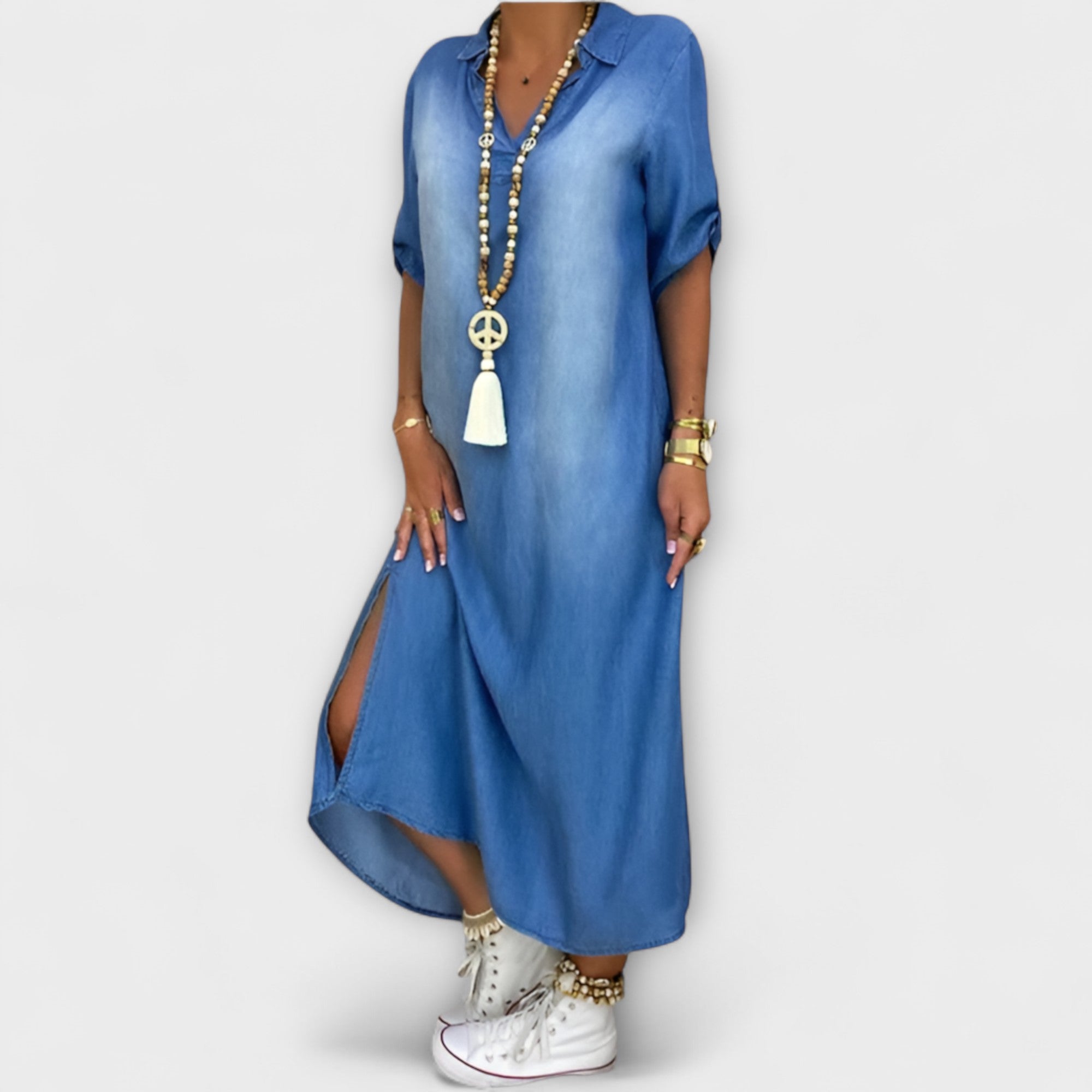 Aurora - Langes Denim-Look Kleid mit Seitenschlitz