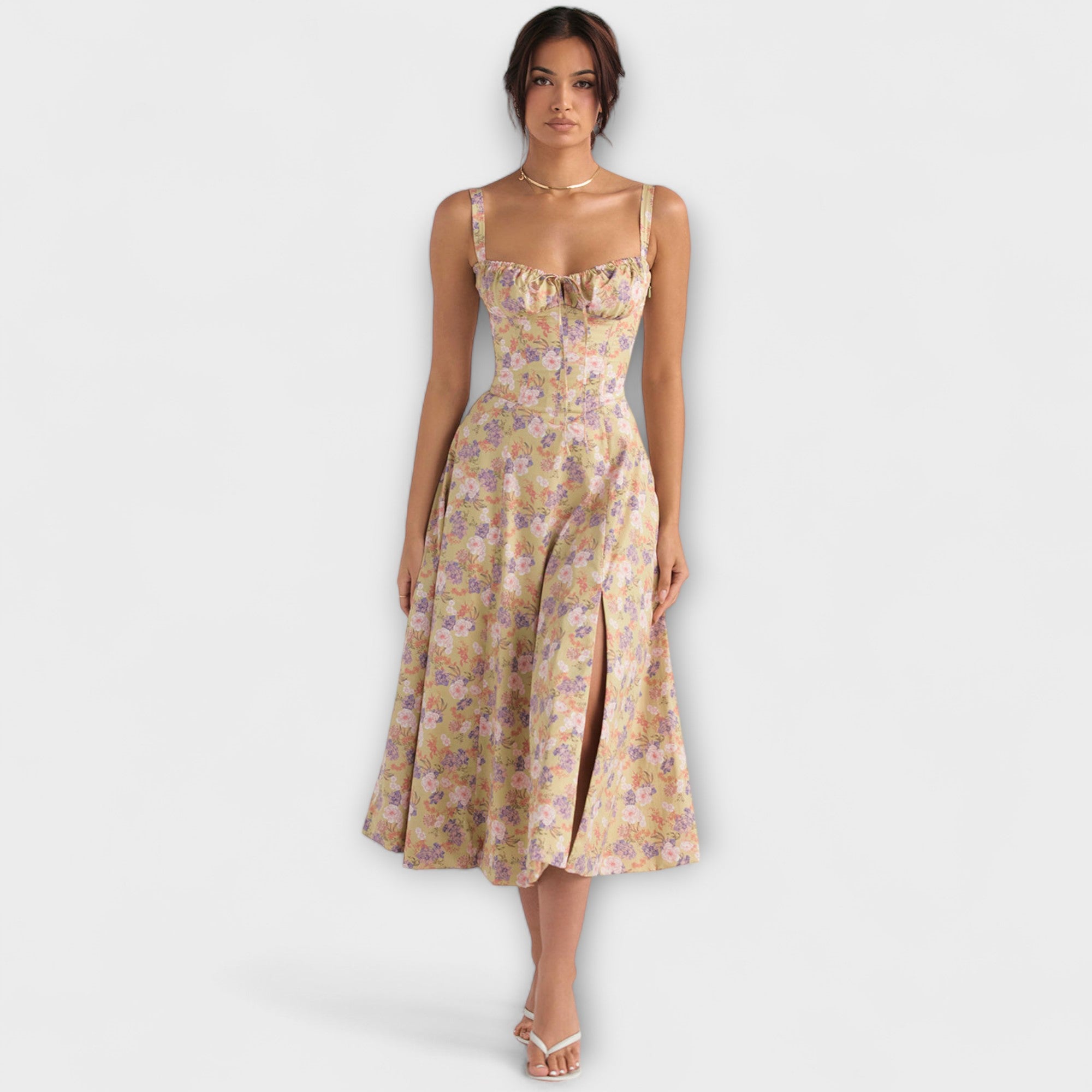 Zipporas - Tailliertes Bustierkleid mit modernem Frühlingsblumenprint