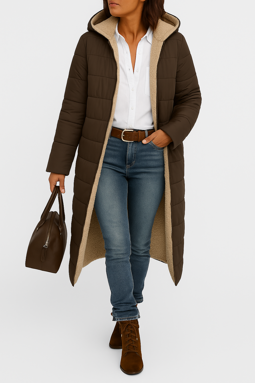 Kurtka zimowa z podszewką sherpa o długim kroju