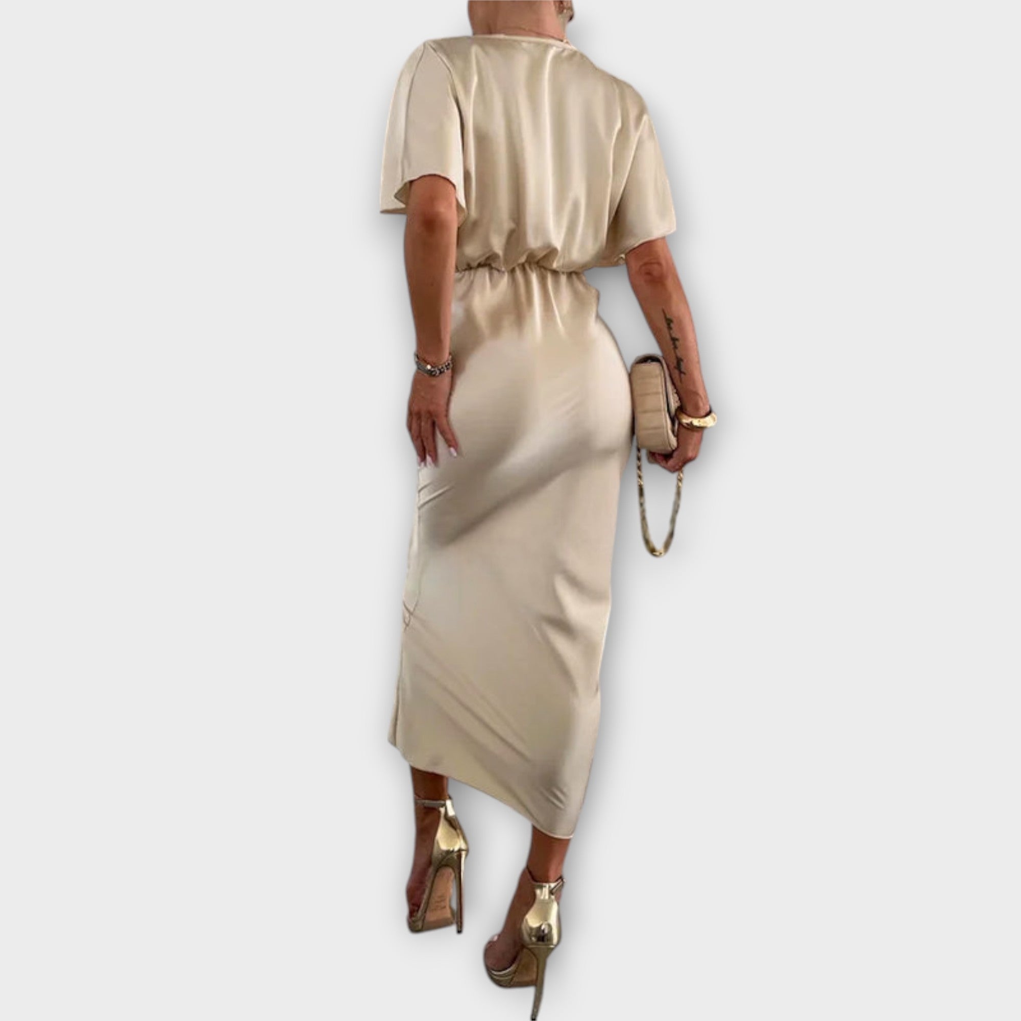 Sable - Solides Satin V-Ausschnitt Kreuzknoten Slim Fit Maxi Kleid