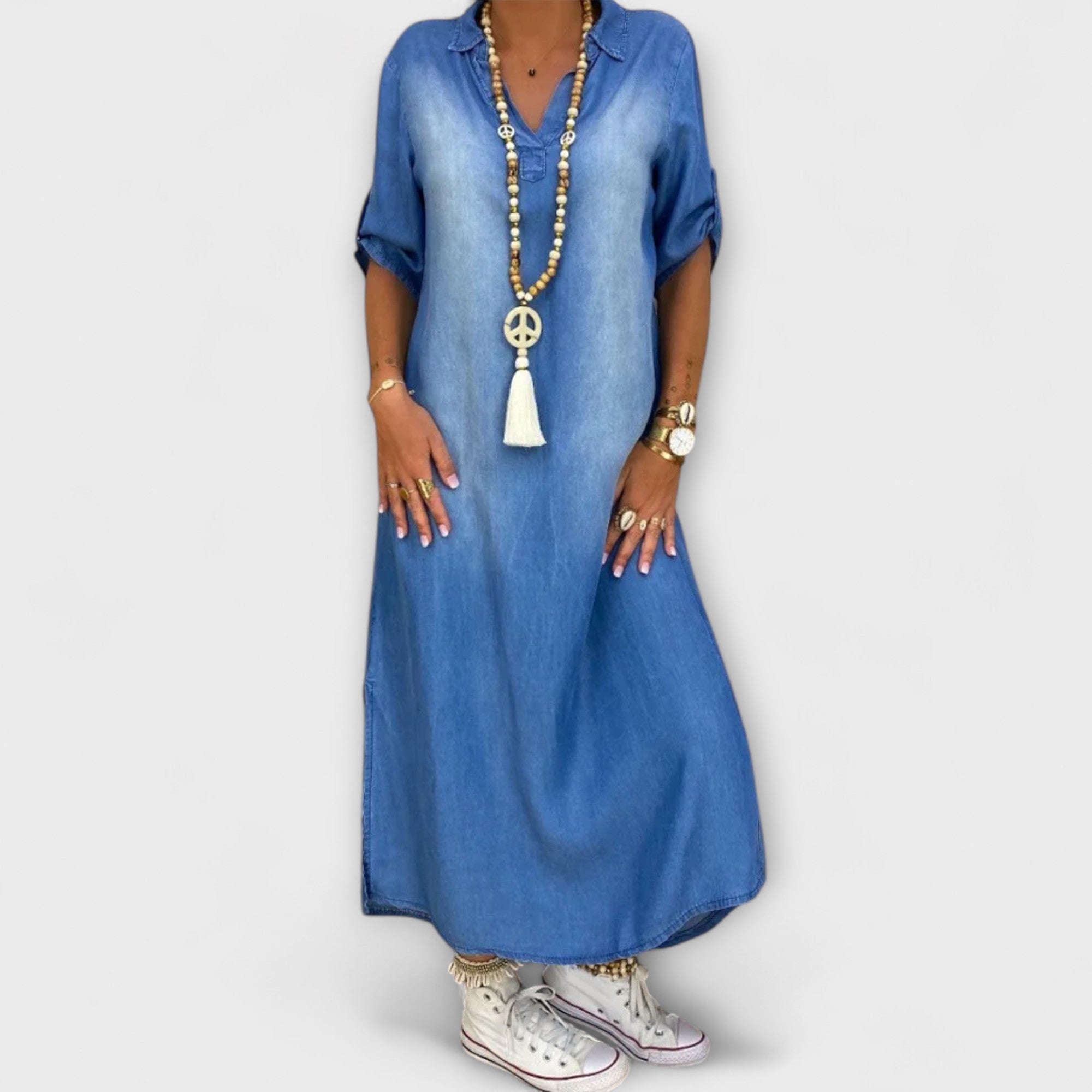 Aurora - Langes Denim-Look Kleid mit Seitenschlitz