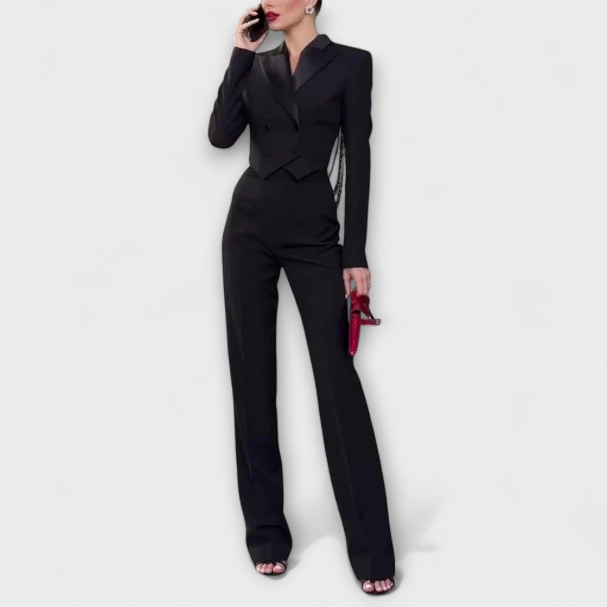 Noa - Schwarzes Perlenbesetztes Rückenfreies Kurzes Blazer Set