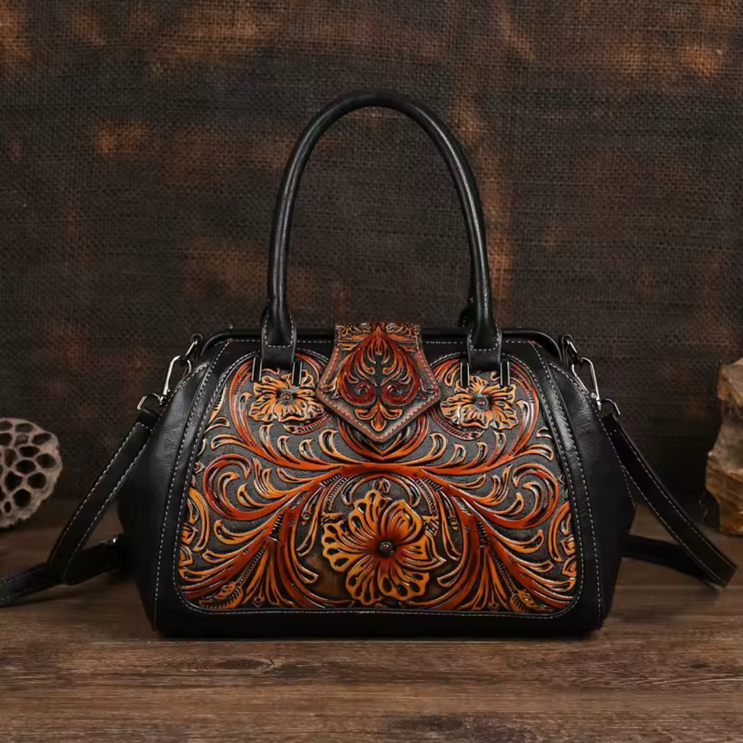 Florina - Handtasche aus Leder mit Gravur und floralem Muster