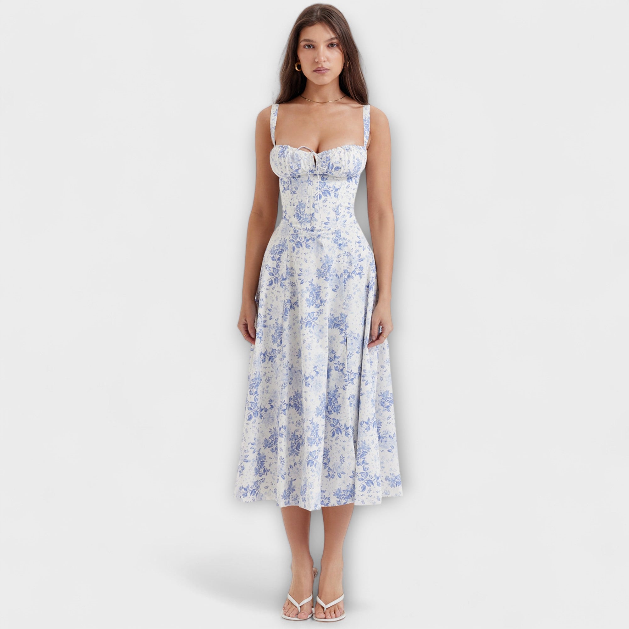 Zipporas - Tailliertes Bustierkleid mit modernem Frühlingsblumenprint