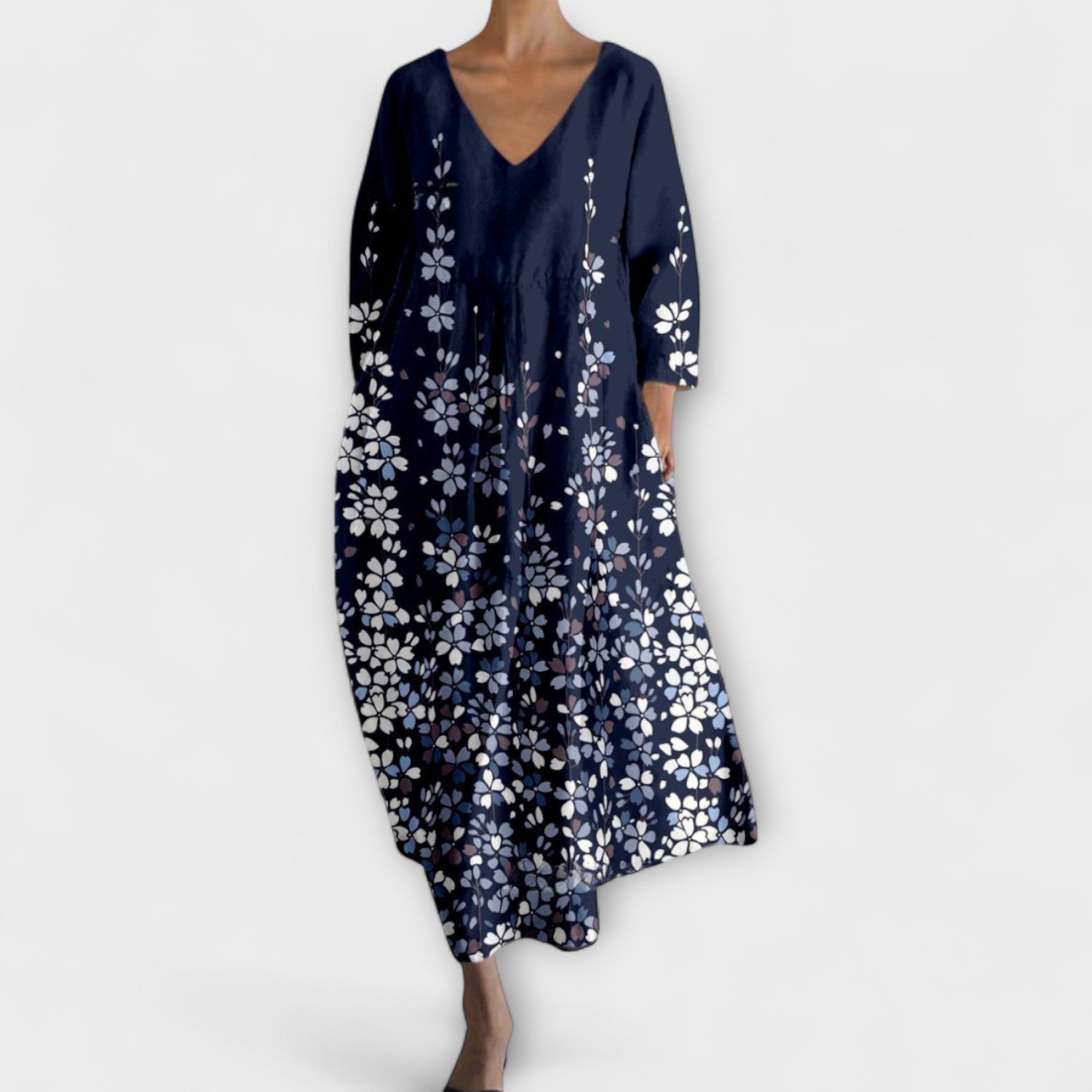 Aurora - Langes, farbenfrohes Kleid mit V-Ausschnitt