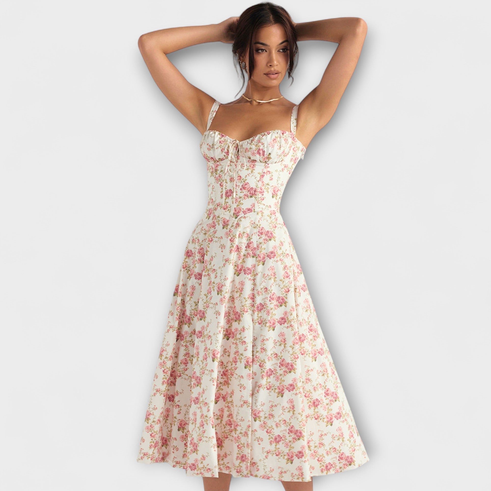 Zipporas - Tailliertes Bustierkleid mit modernem Frühlingsblumenprint
