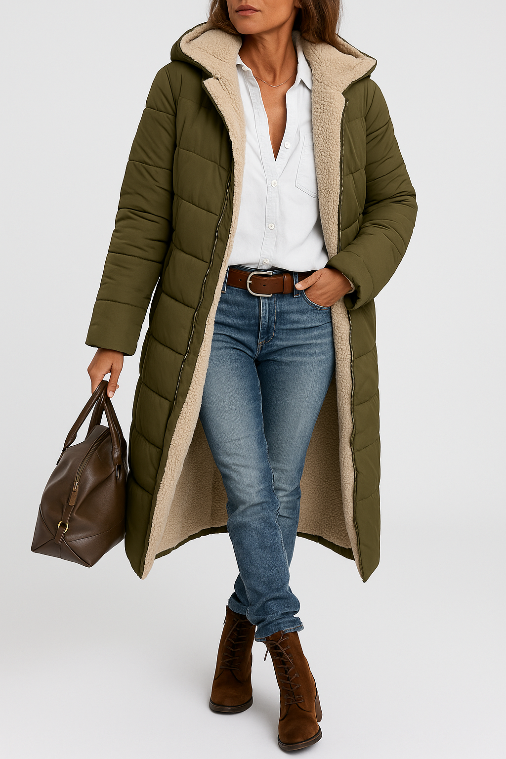 Kurtka zimowa z podszewką sherpa o długim kroju